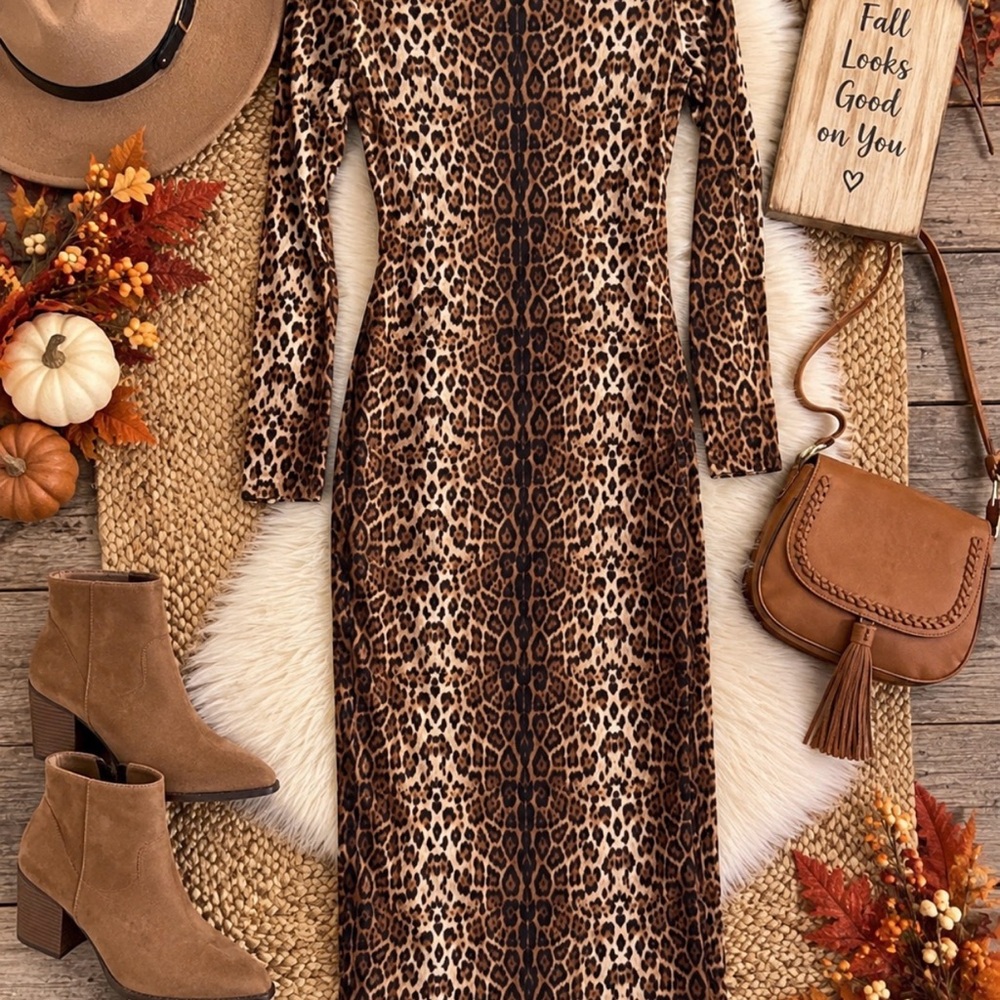 Women's Long Sleeve Leopard Print Midi Dress in Brown Leopard